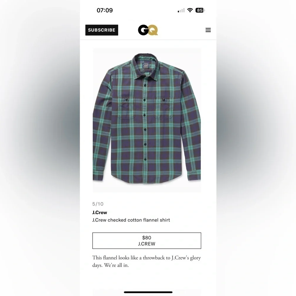 J. Crew flannel teal blue gray as seen in GQ small blackwatch. 100% cotton.